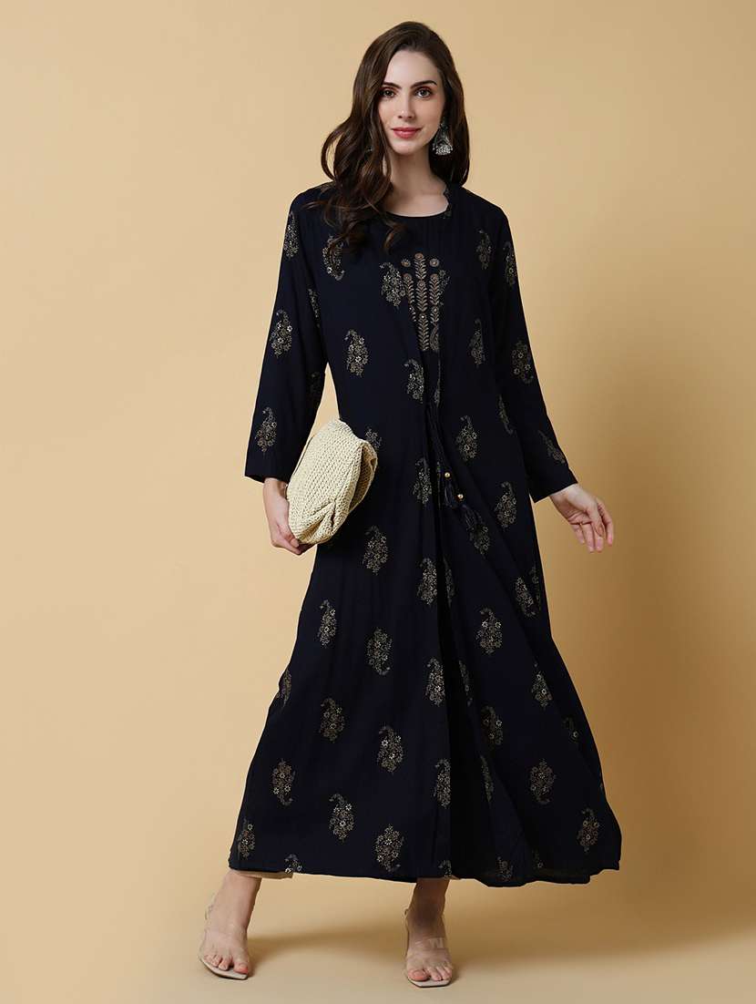 women round neck a-line kurta with printed jacket - 21550251 - Standard Image - 4