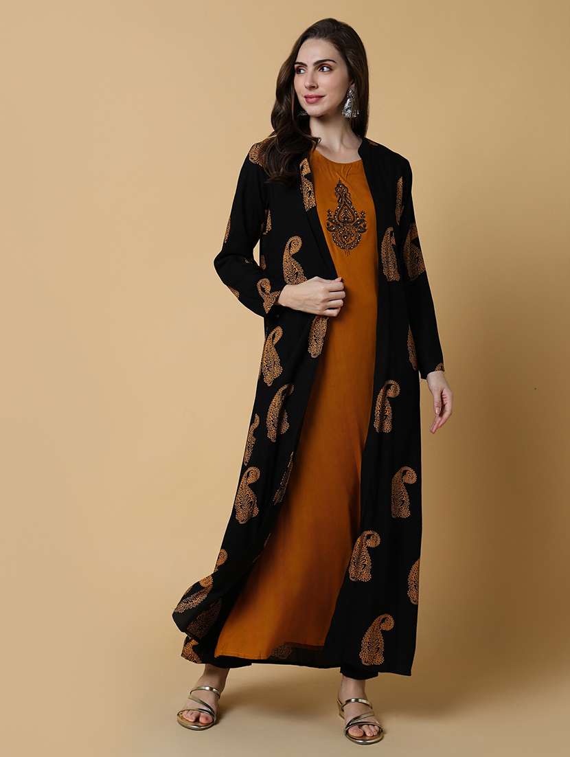 women round neck a-line kurta with printed jacket  - 21550253 -  Standard Image - 1