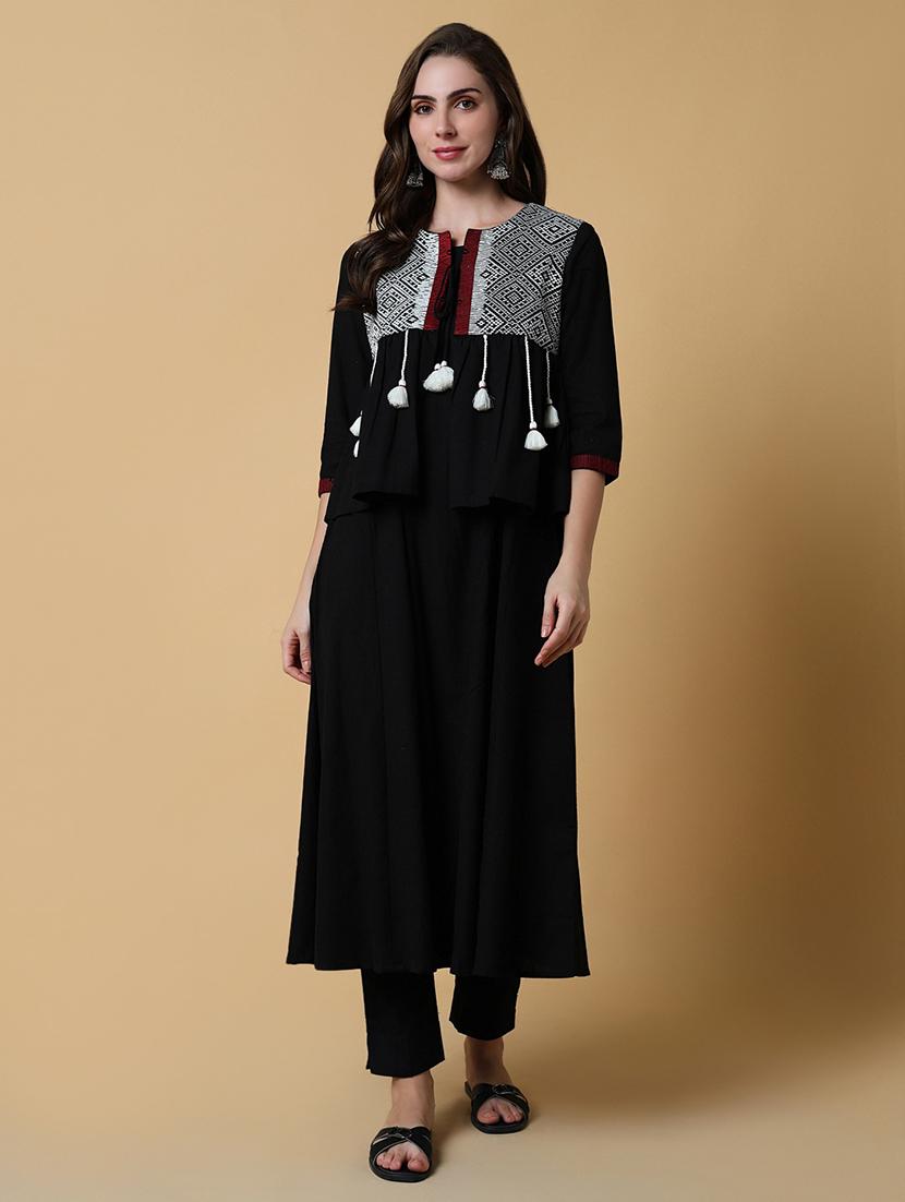 women solid a-line kurta with short printed jacket - 21550261 -  Standard Image - 1