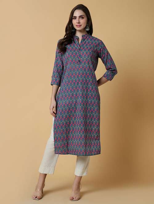 women printed three quater sleeve straight kurta - 21550263 -  Standard Image - 0