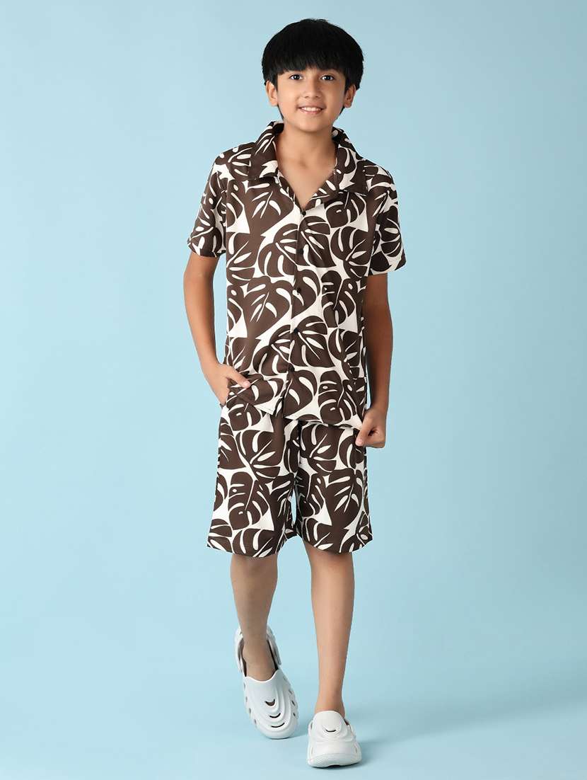 boys brown printed shorts set