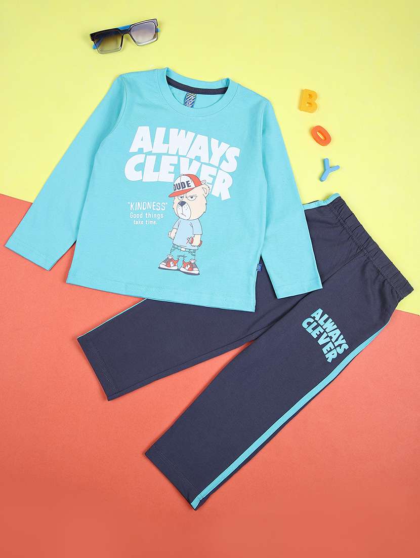 boys blue graphic printed full length set