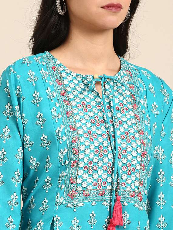 women printed rie-up neck kurta pant set - 21550289 -  Standard Image - 4