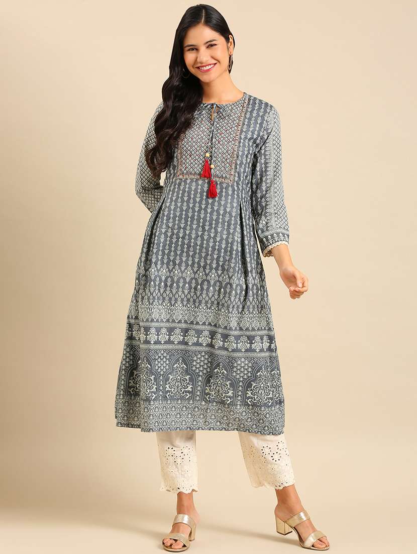 women grey printed kurta pant set  - 21550316 -  Standard Image - 1