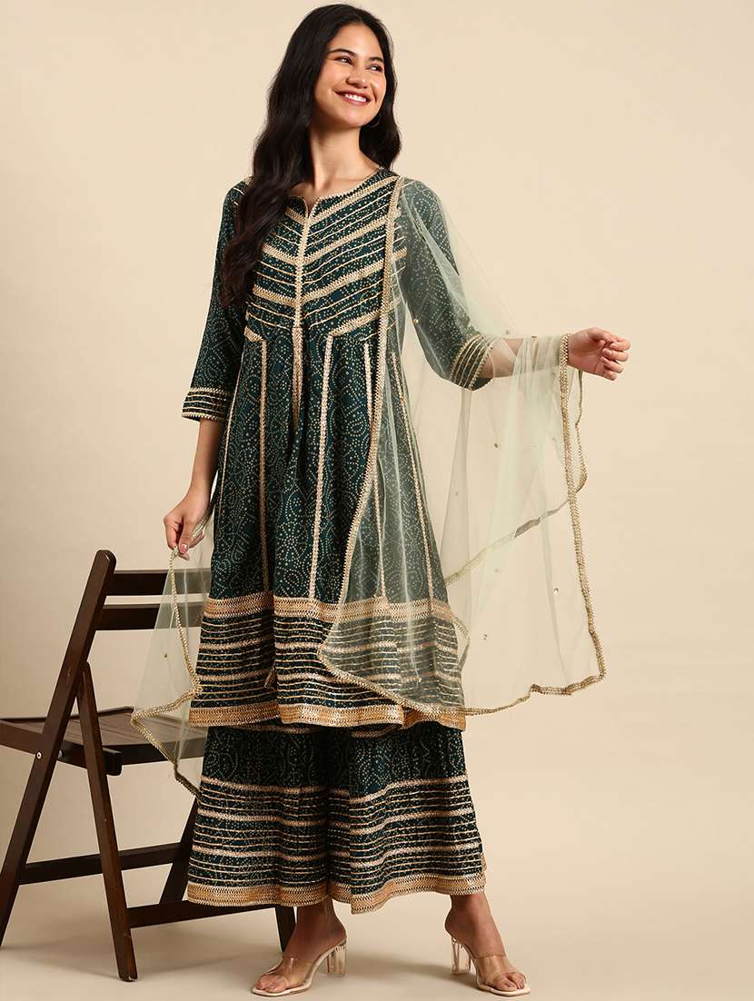 women bandhani printed kurta sharara with dupatta set