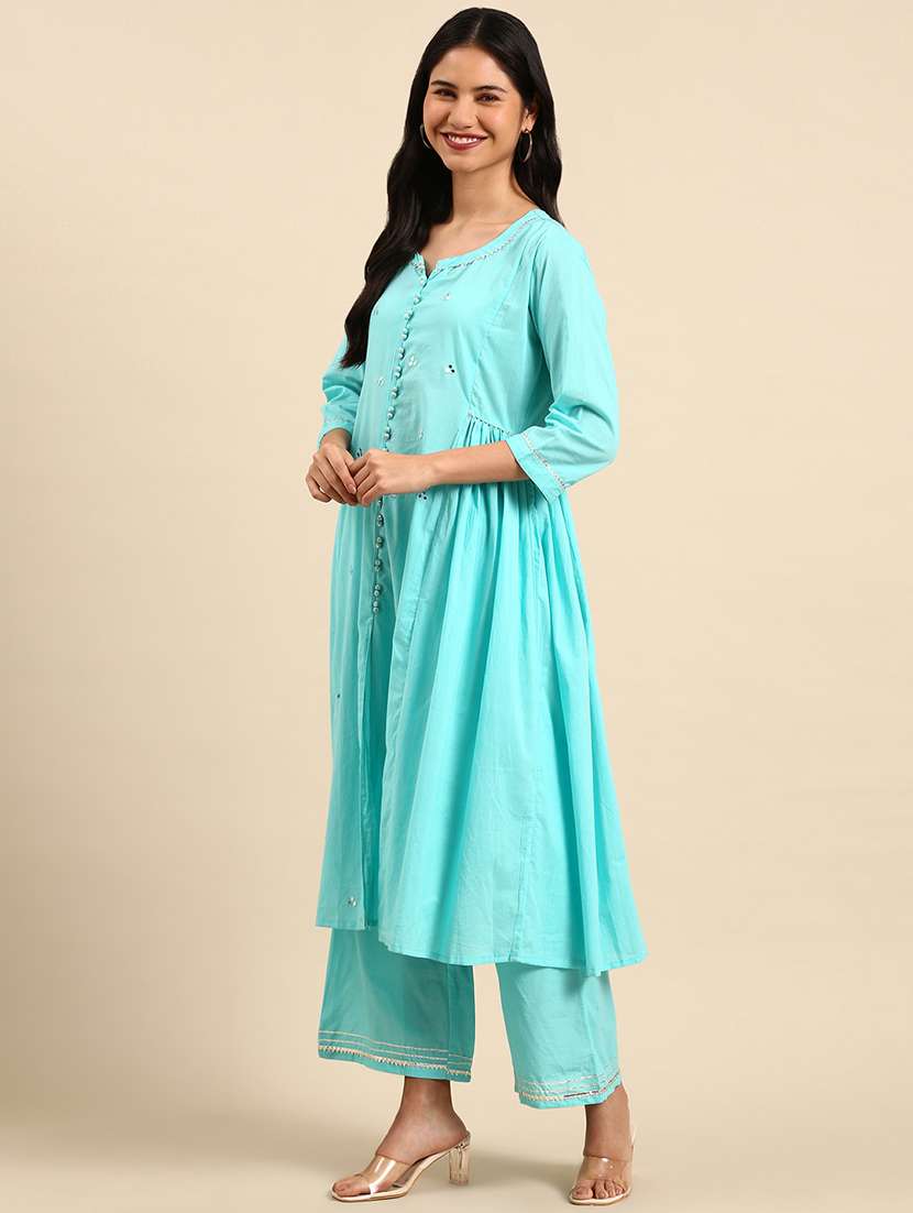 women mirror work kurta palazzo with dupatta set - 21550364 -  Standard Image - 1