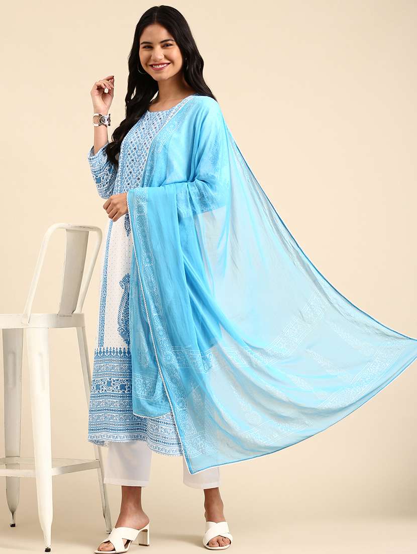 women placement print kurta pant set with dupatta