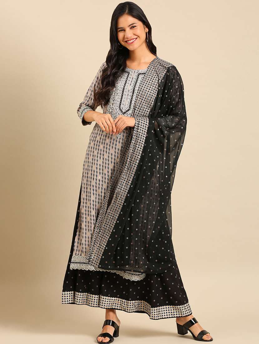 women grey printed kurta palazzo with dupatta set - 21550371 -  Standard Image - 1