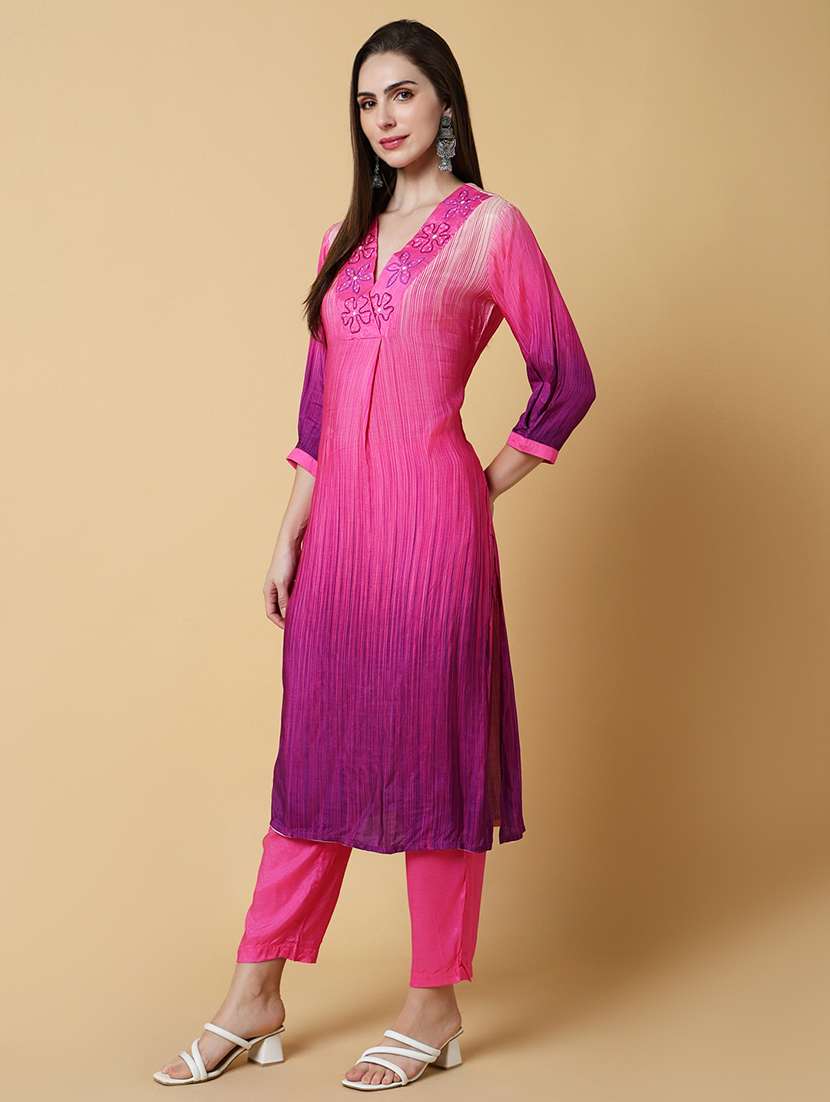 women pink ombre v neck kurta pant set with dupatta - 21550404 -  Standard Image - 1
