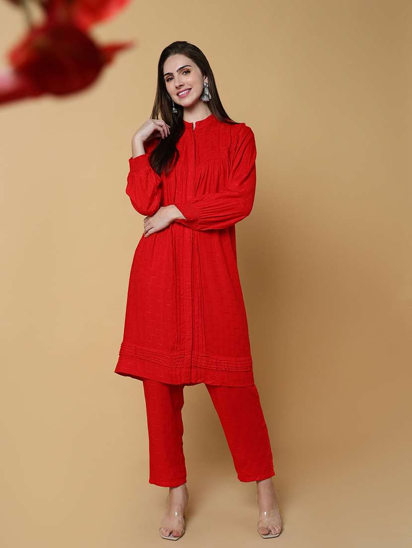women red self design long sleeve kurta pant set - 21550407 -  Standard Image - 1