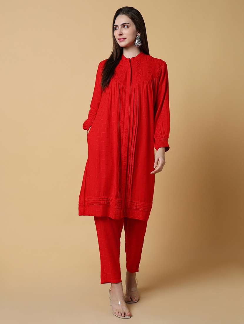 women red self design long sleeve kurta pant set - 21550407 -  Standard Image - 4