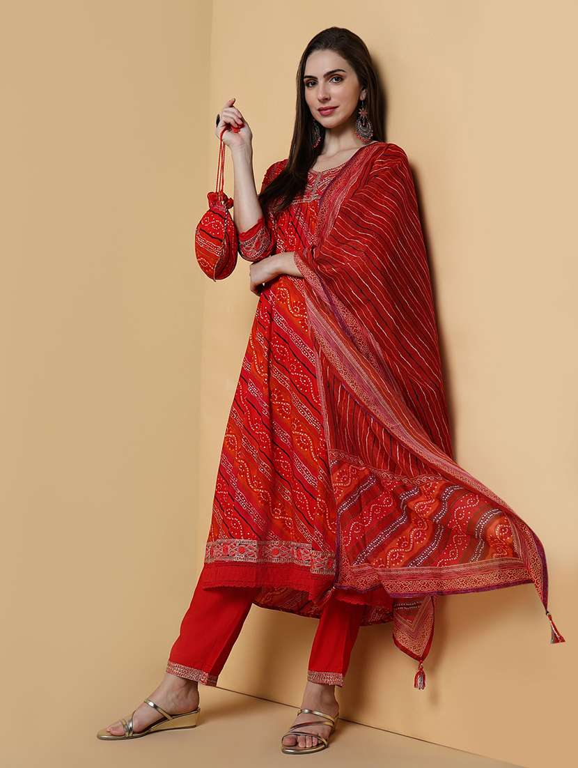 women bandhani v neck kurta pant set with dupatta - 21550416 -  Standard Image - 1