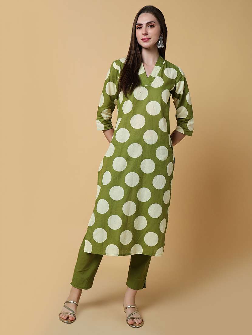 women green polka dot printed kurta pant set - 21550421 -  Standard Image - 1