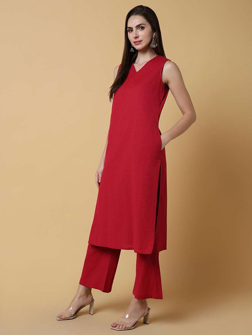 Women Red Solid Kurta Pant Set - 21550431 -  Standard Image - 1