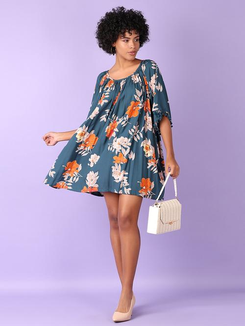 women teal floral printed a-line dress - 21550544 - Standard Image - 0