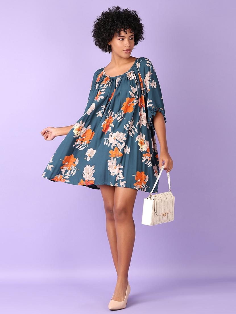 women teal floral printed a-line dress