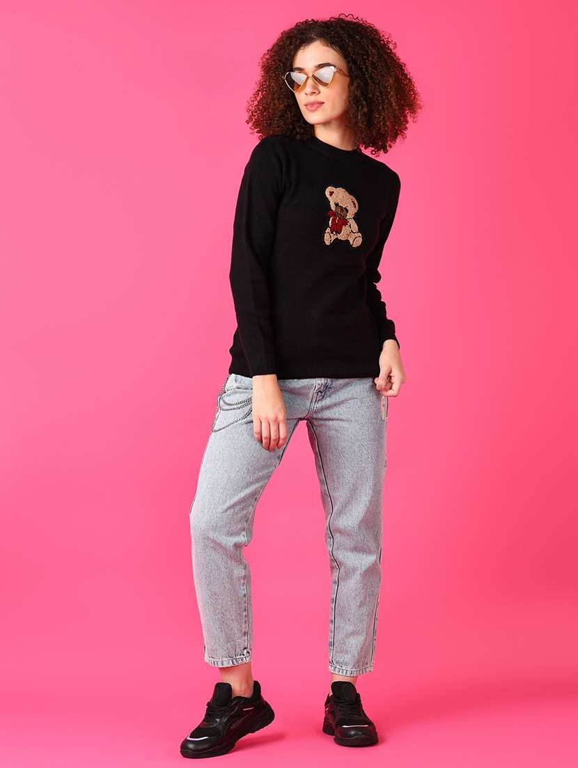 women black patch work long sleeve pullover sweater - 21550557 -  Standard Image - 4