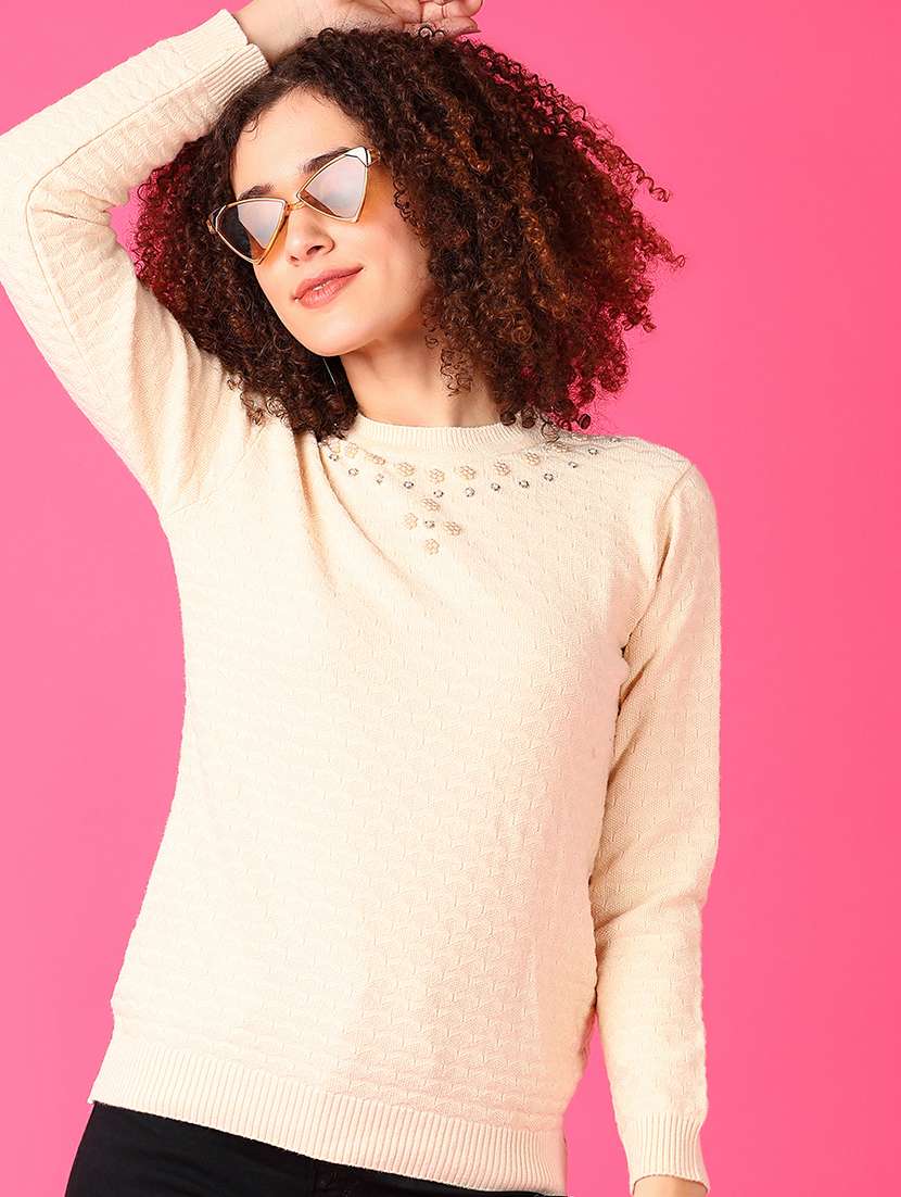 women beige long sleeve pullover sweater - 21550558 -  Standard Image - 1