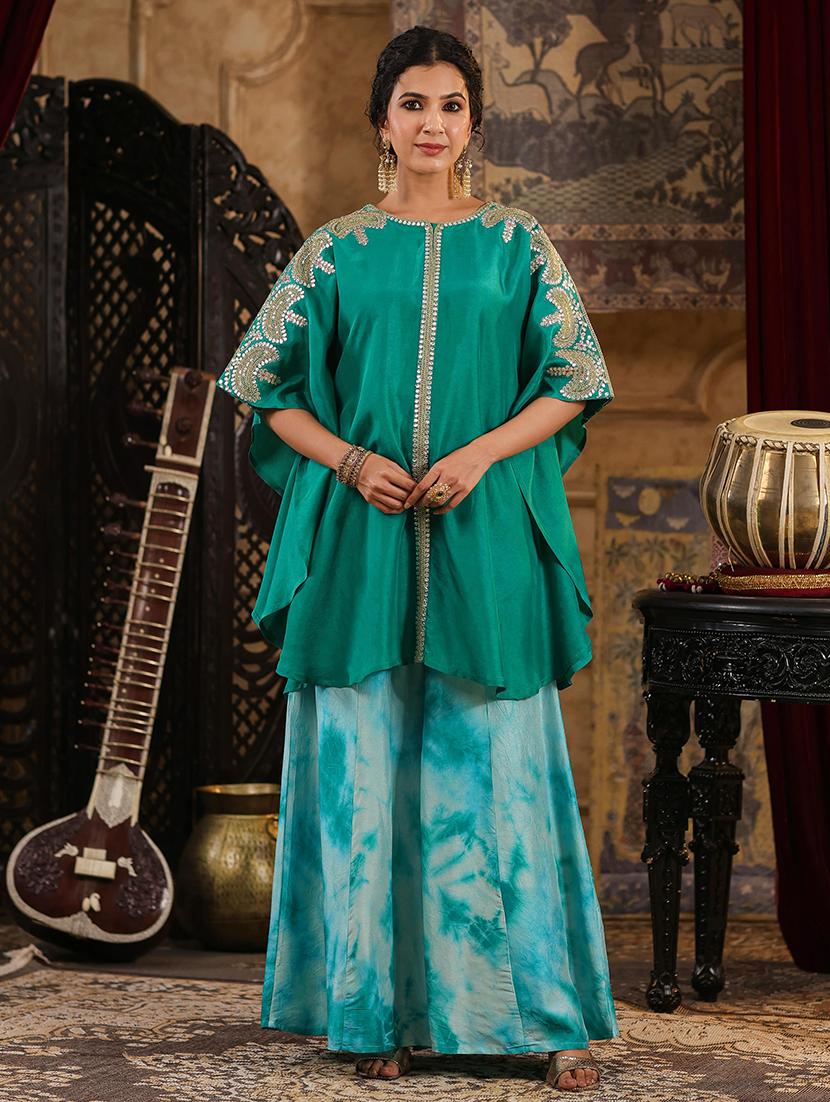 women teal gota work co-ord set - 21551426 - Zoom Image - 0
