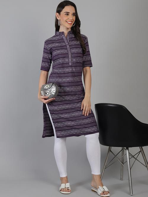 women purple self design mandarin neck straight kurta - 21551434 - Standard Image - 0