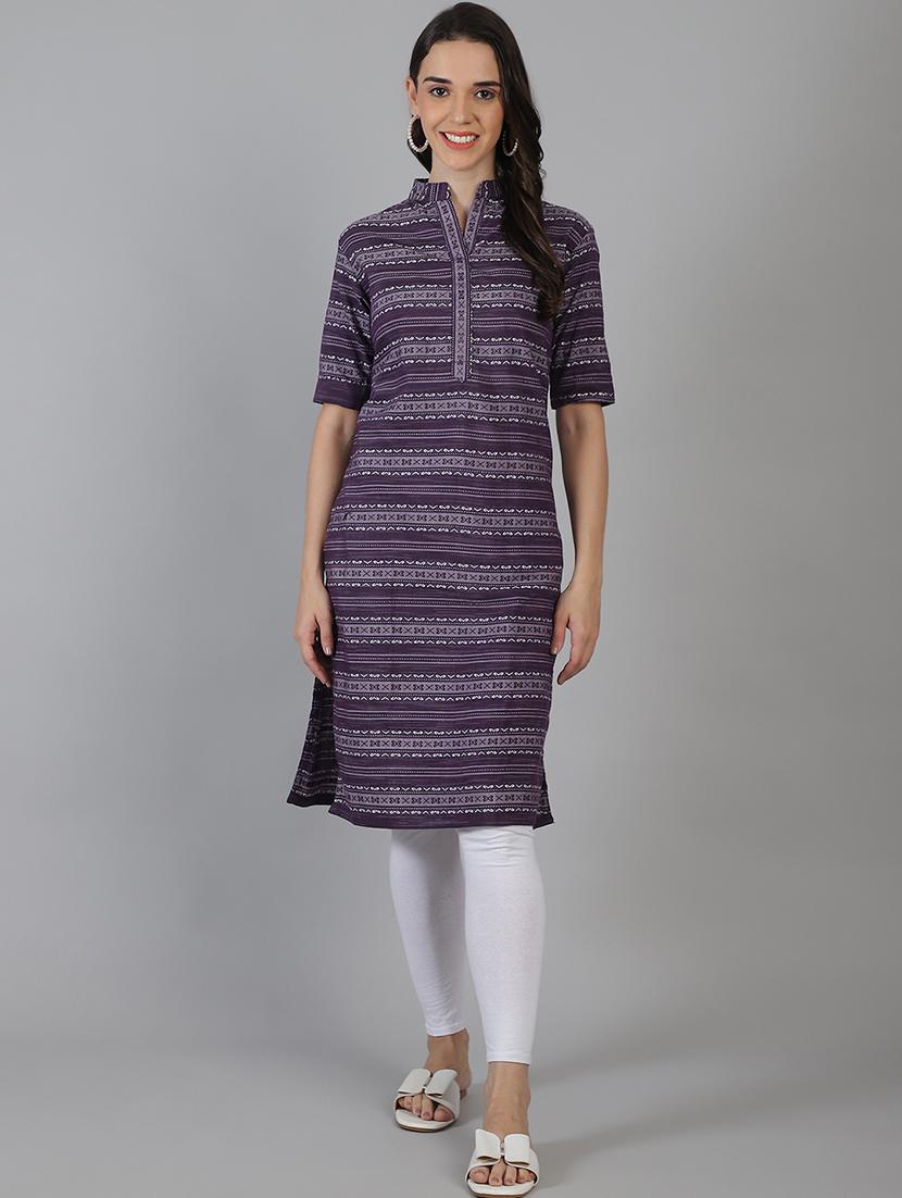 women purple self design mandarin neck straight kurta - 21551434 - Standard Image - 1
