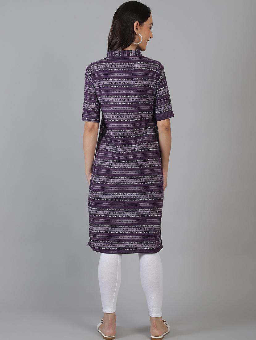 women purple self design mandarin neck straight kurta - 21551434 - Standard Image - 4