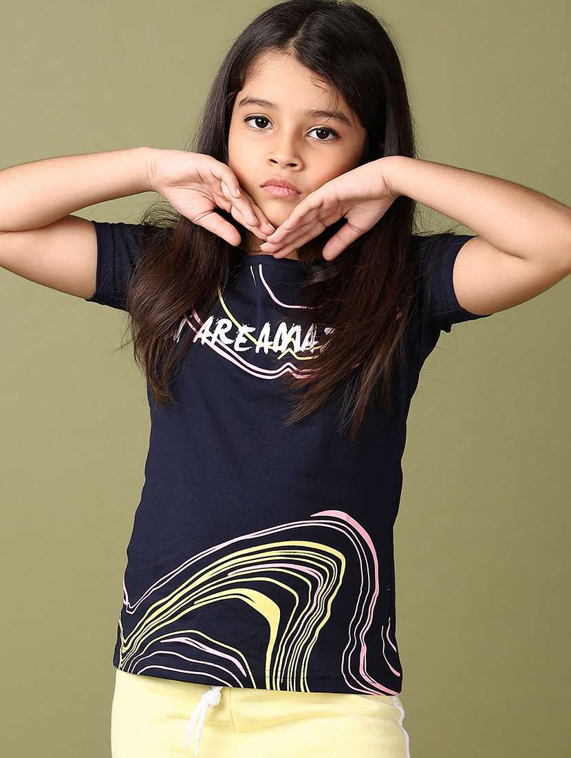 girls navy blue front print round neck tee - 21551550 -  Standard Image - 1