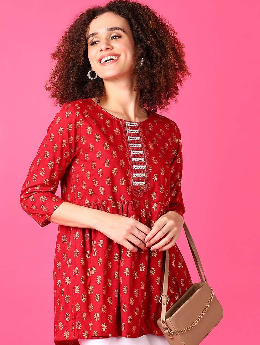 women three quarter sleeve flared kurti - 21551603 -  Standard Image - 1