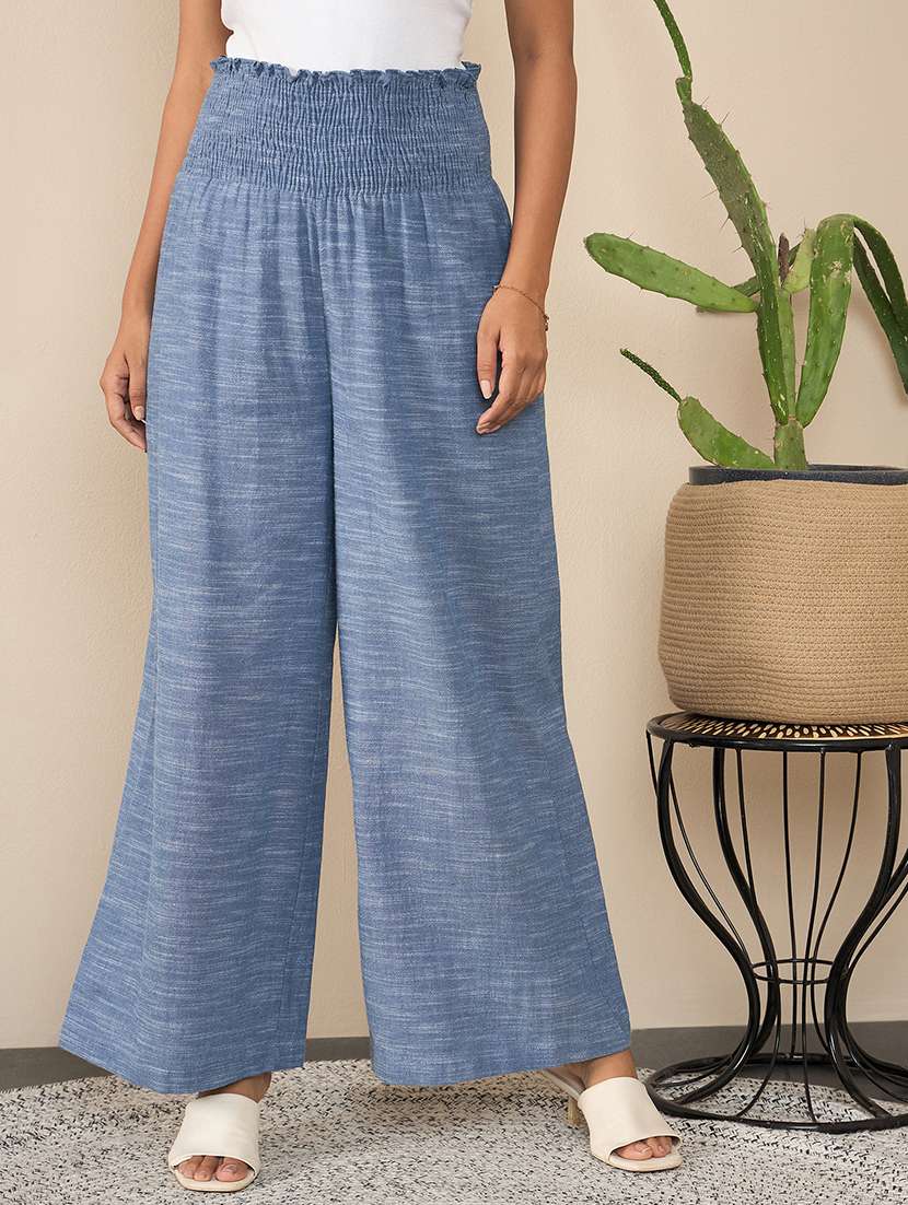 women self design smocked detailed wide leg trouser