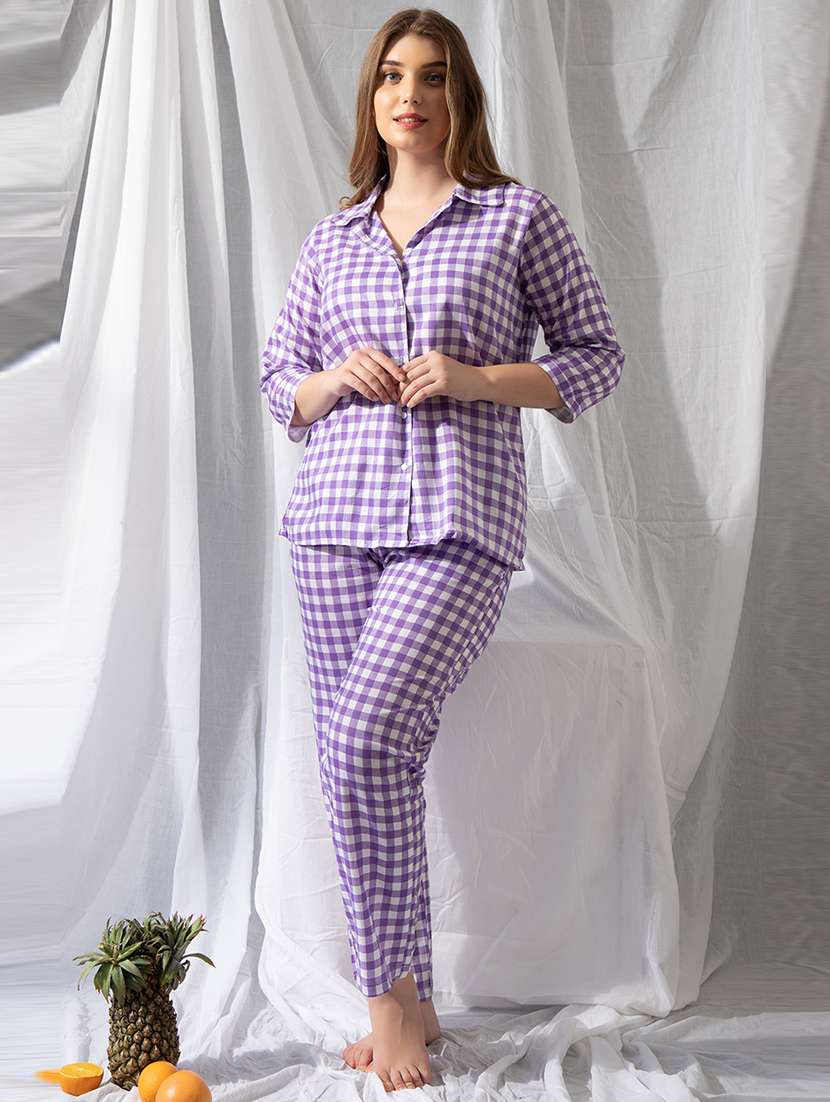 women checkered pyjama nightwear set - 21552210 -  Standard Image - 1