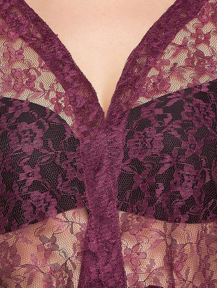 women solid lace detailed sleepwear robe - 21552276 -  Standard Image - 4