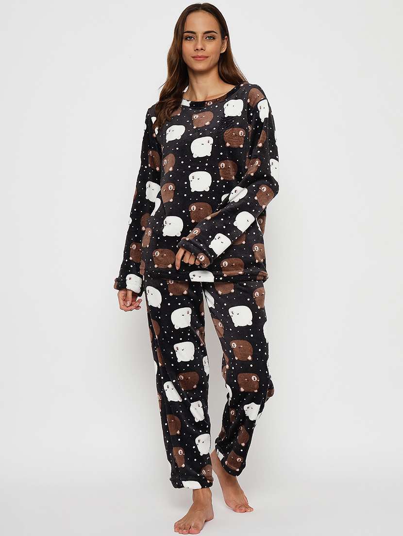 women printed fleece pyjama nightwear set