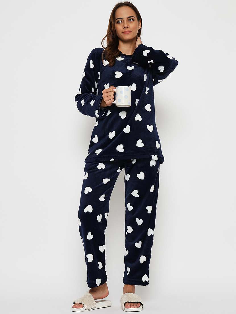 women printed fleece pyjama nightwear set - 21552796 -  Standard Image - 1
