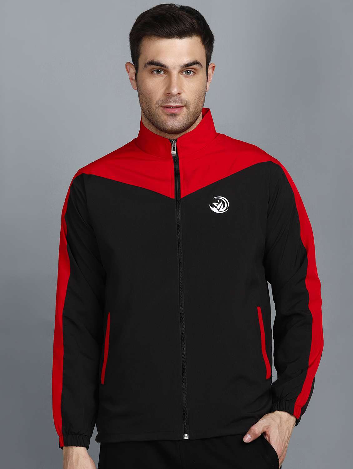 men color blocked stand collar biker jacket - 21553018 - Zoom Image - 0