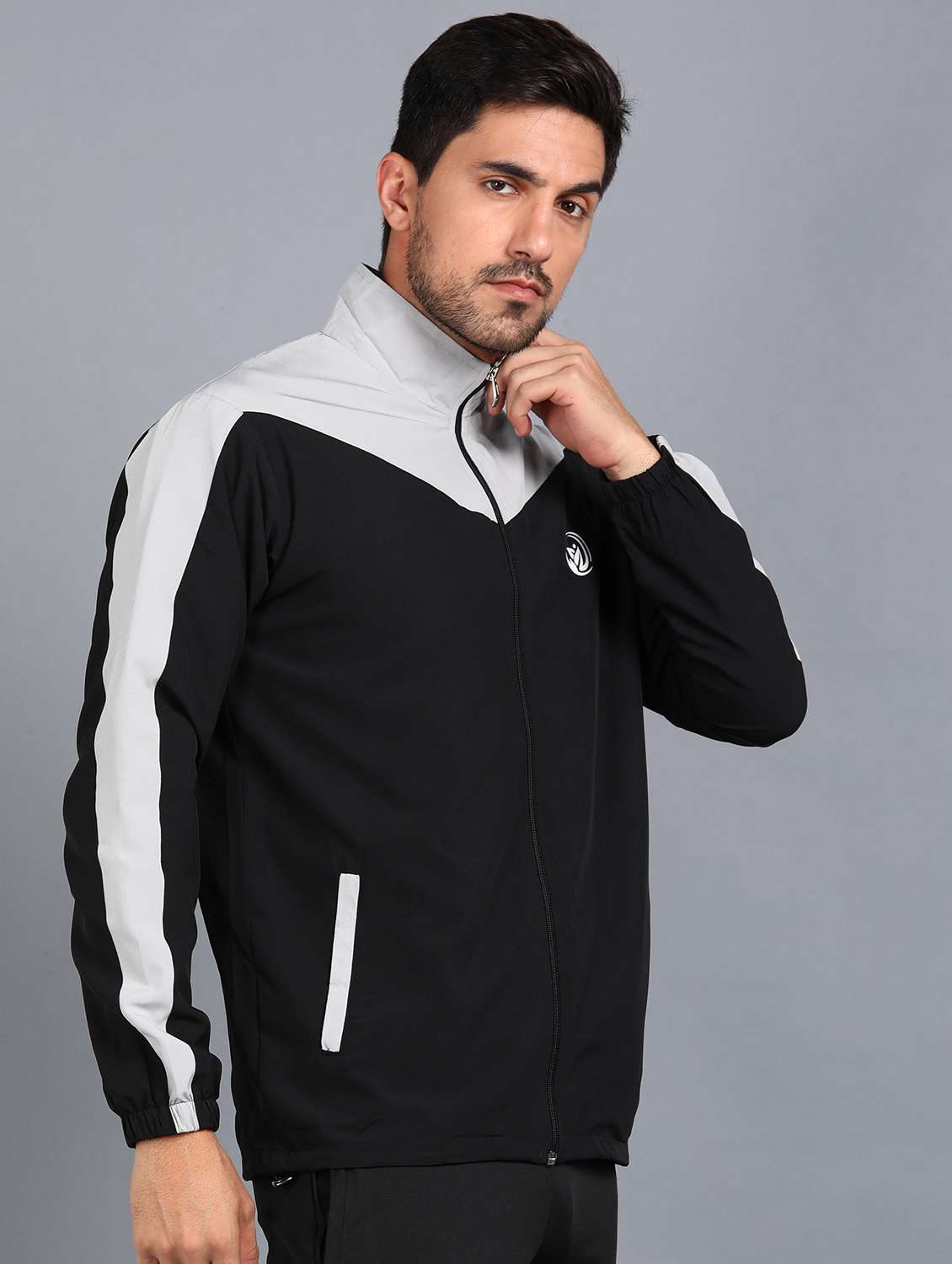 men color blocked stand collar biker jacket - 21553021 -  Standard Image - 1