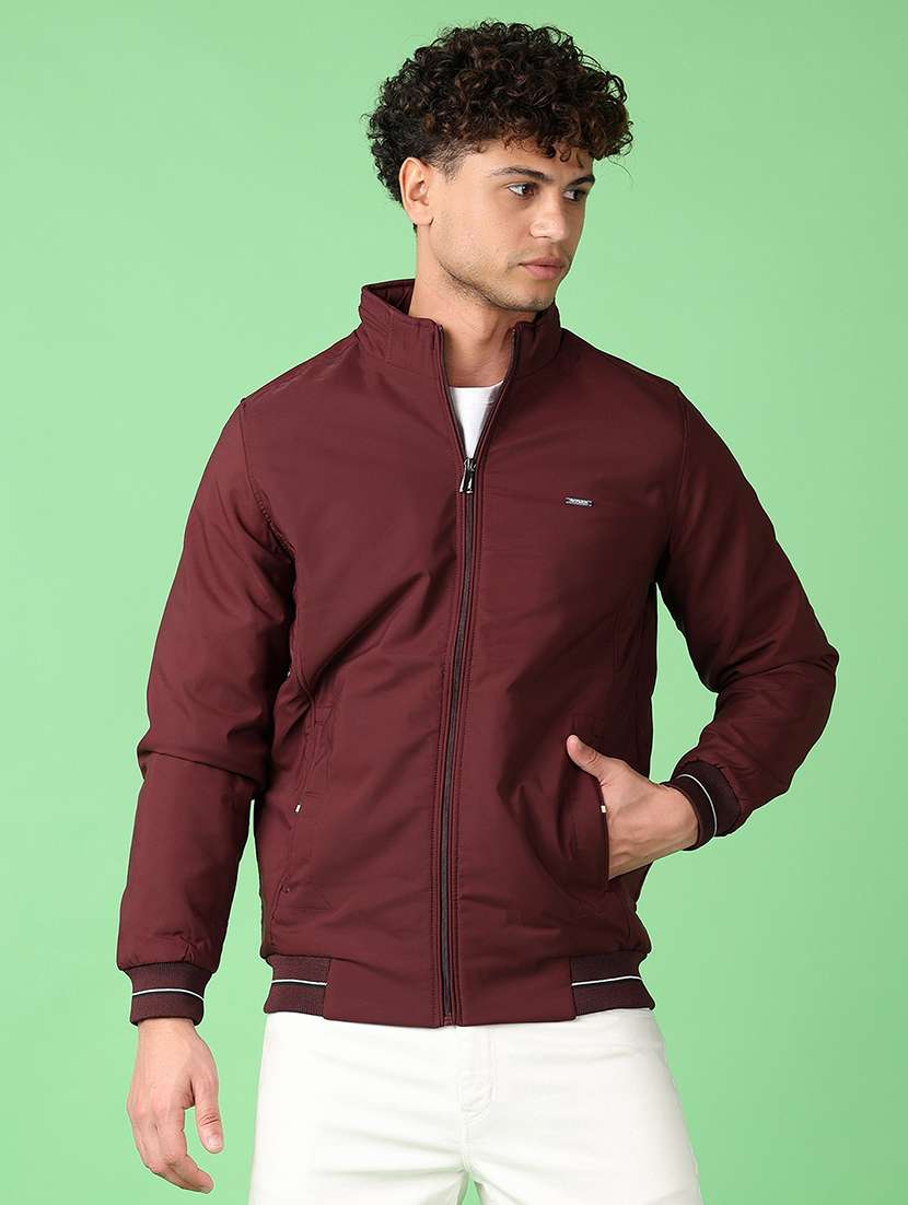 men maroon solid long sleeve casual jacket