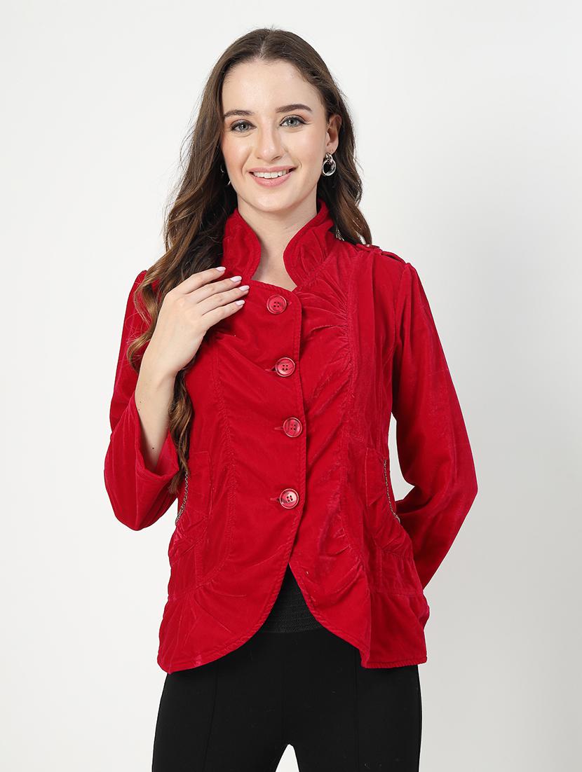 women solid stand collar long sleeves jacket - 21553839 - Zoom Image - 0