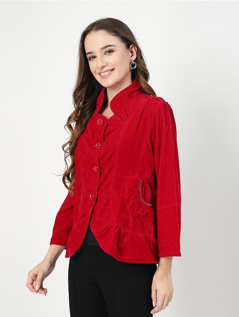 women solid stand collar long sleeves jacket - 21553839 - Standard Image - 1