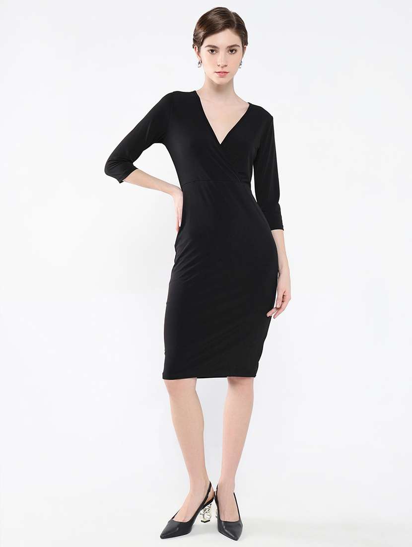 women solid overlap neck bodycon dress