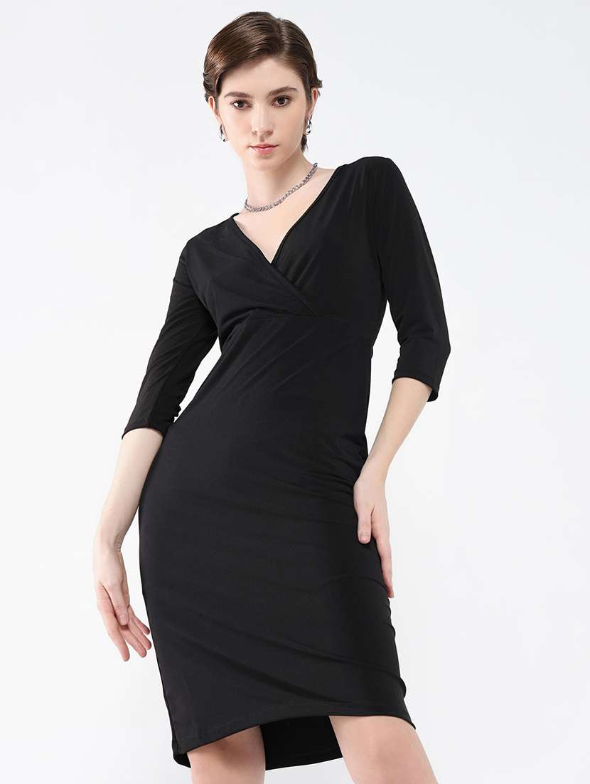 women solid overlap neck bodycon dress - 21553930 -  Standard Image - 1