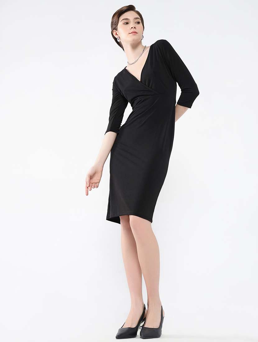 women solid overlap neck bodycon dress - 21553930 -  Standard Image - 4