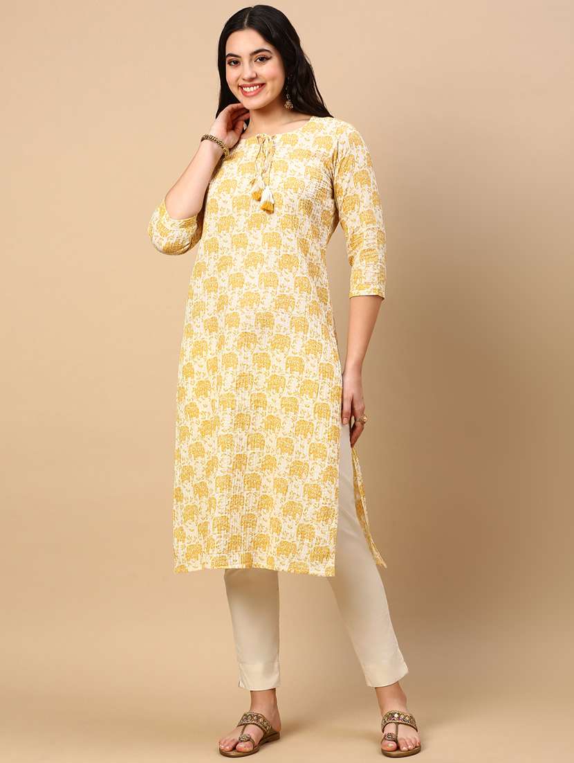 women printed tie up neck straight kurta - 21553942 -  Standard Image - 1
