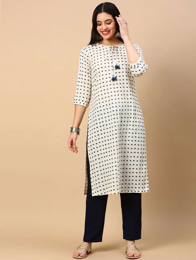 women printed tie up neck straight kurta - 21553944 -  Standard Image - 1