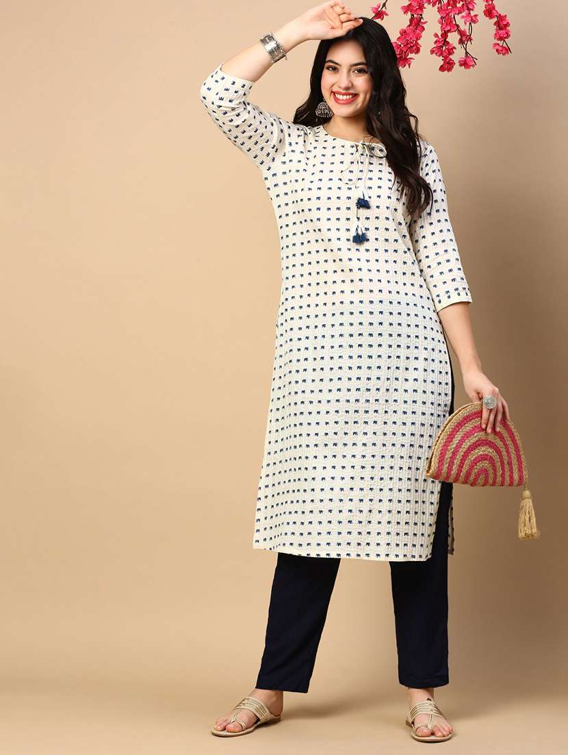 women printed tie up neck straight kurta - 21553944 -  Standard Image - 4