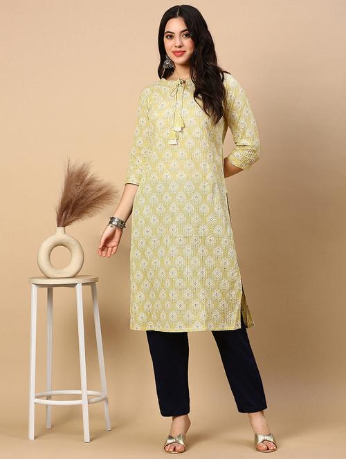women printed tie up neck straight kurta - 21553945 -  Standard Image - 0