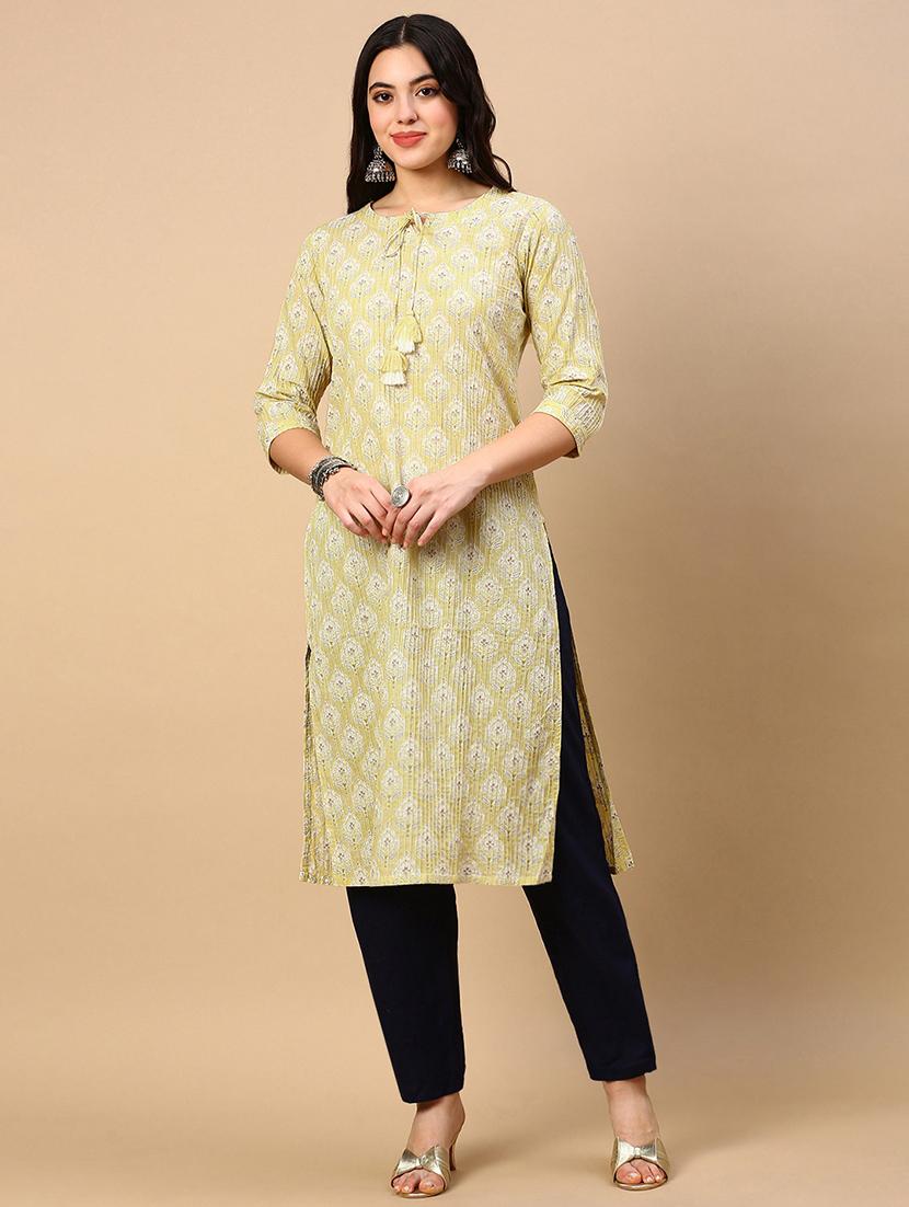 women printed tie up neck straight kurta - 21553945 - Standard Image - 1