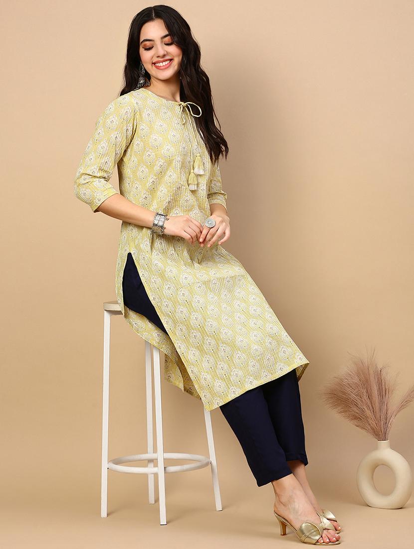women printed tie up neck straight kurta - 21553945 - Standard Image - 4