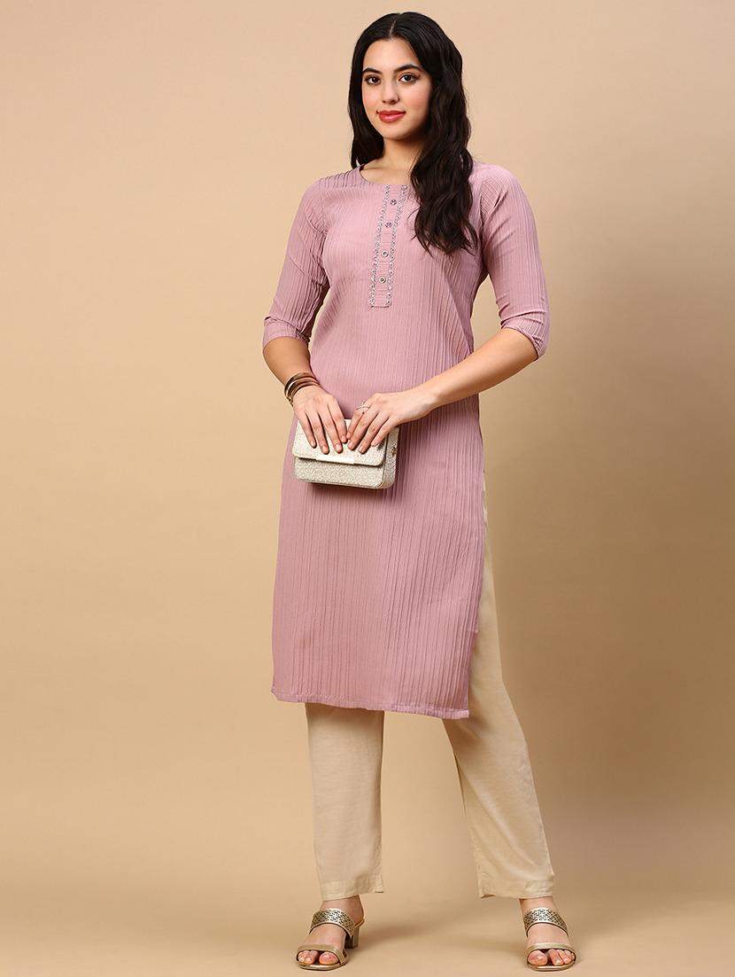 women self design round neck straight kurta - 21553954 -  Standard Image - 1