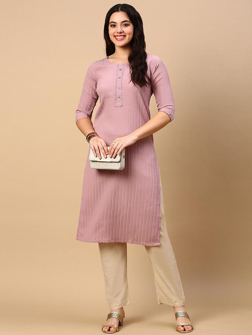 women self design round neck straight kurta - 21553954 - Standard Image - 4