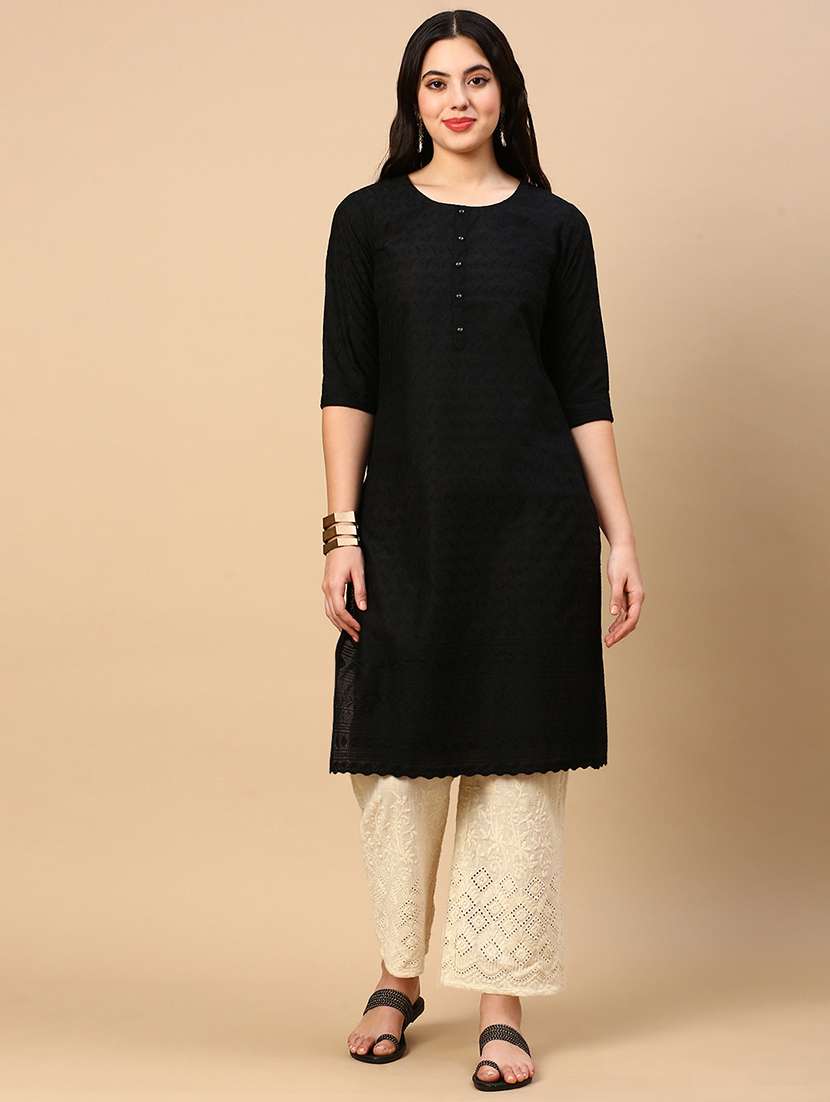 women embroidered round neck straight kurta